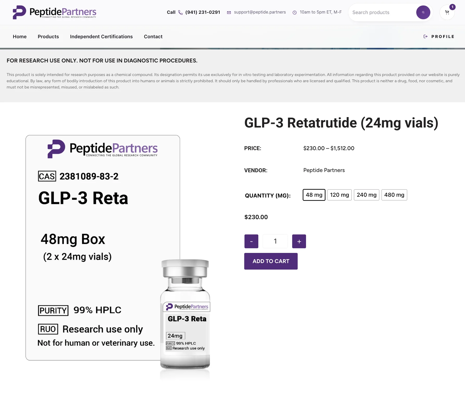 Peptide Partners GLP-3 Retatrutide research product page