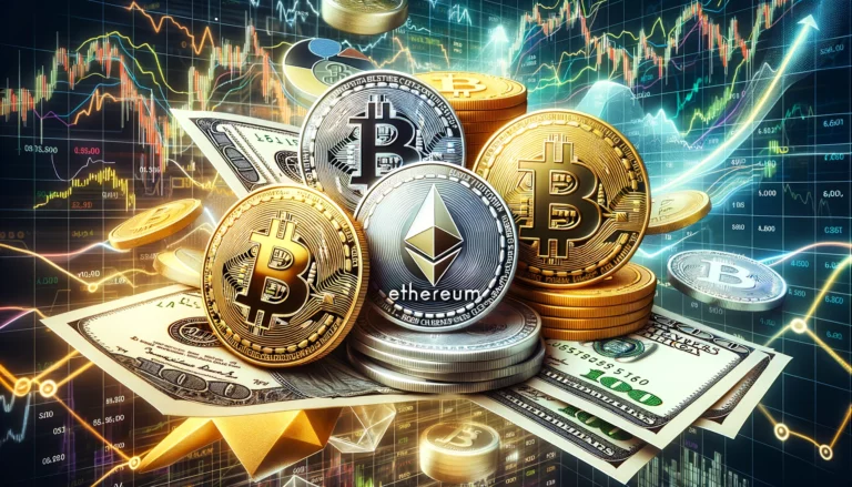 Bitcoin and Ethereum coins with market charts